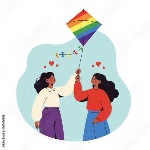 Two women holding rainbow kite flying together in casual clothes celebrating friendship and joy outdoors 