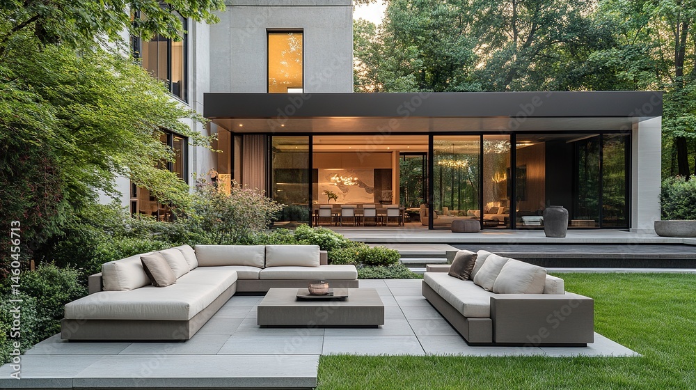 Obraz premium A modern home with a large backyard, featuring a minimalist patio adorned with plush outdoor sofas and a coffee table, surrounded by greenery for a peaceful outdoor living experience