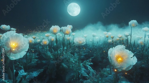 Enchanted moonlit garden glowing flowers and fireflies mystical fog swirling around the plants cinematic night magic