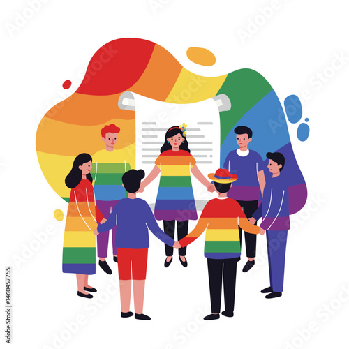 Diverse group holding hands with rainbow colors celebrating LGBTQ pride and unity vector illustration 
