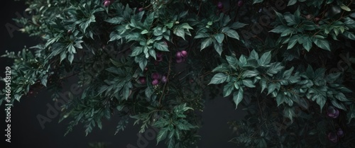 Intricate dark foliage, rich emerald & plum tones, vibrant, background, night