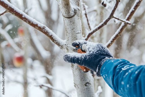 Winter pruning of an apple tree in snow.  A gloved hand uses pruning shears on a snowy branch