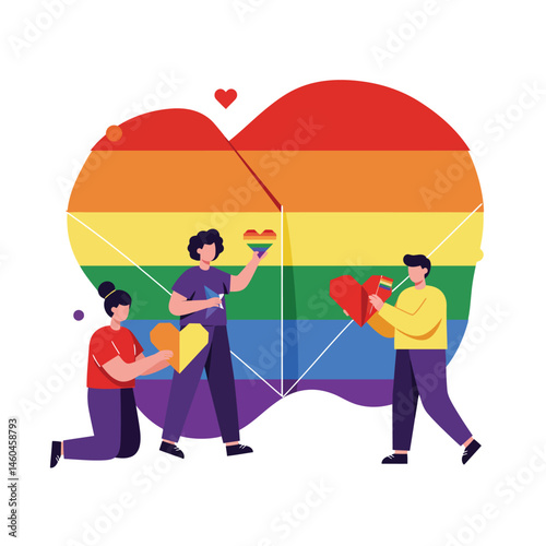 Diverse people holding hearts with rainbow pride flag background symbolizing LGBTQ love and inclusivity vector illustration 