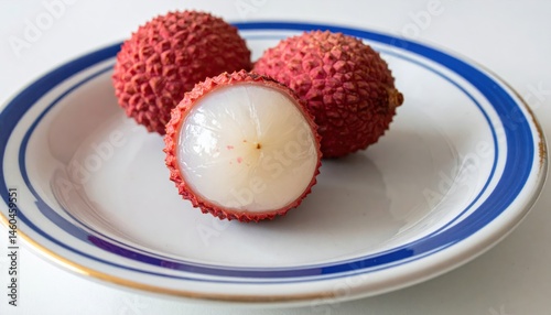 Lychees with Peel and Flesh Exposed on Plate 