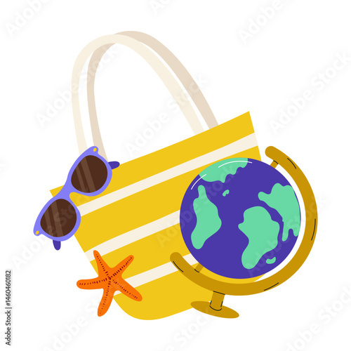 Travel essentials for a beach vacation with a globe, sunglasses, and a tote bag