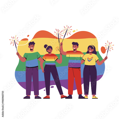 Diverse group celebrating pride with rainbow sparkler flags and colorful clothing in inclusive LGBTQ+ community event 