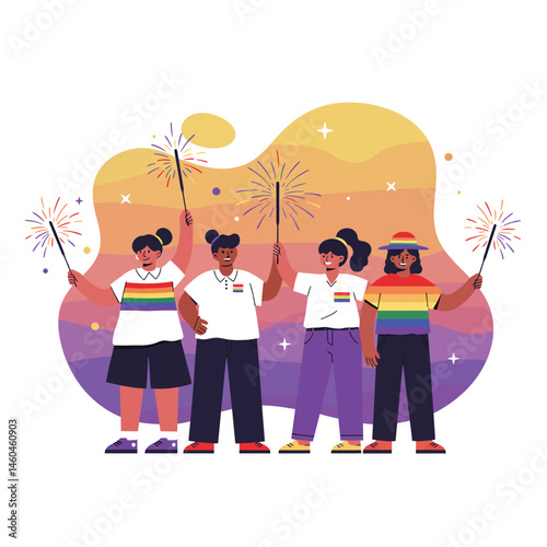 Group of diverse people celebrating with sparklers in colorful rainbow outfits and festive background vector illustration 
