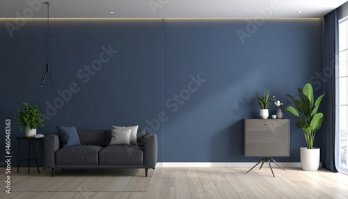 Modern dark blue home interior background wall mock up d render 