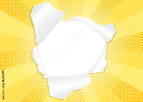 サンバーストと穴の空いた紙の背景素材、ハーフトーンのドット、フレーム