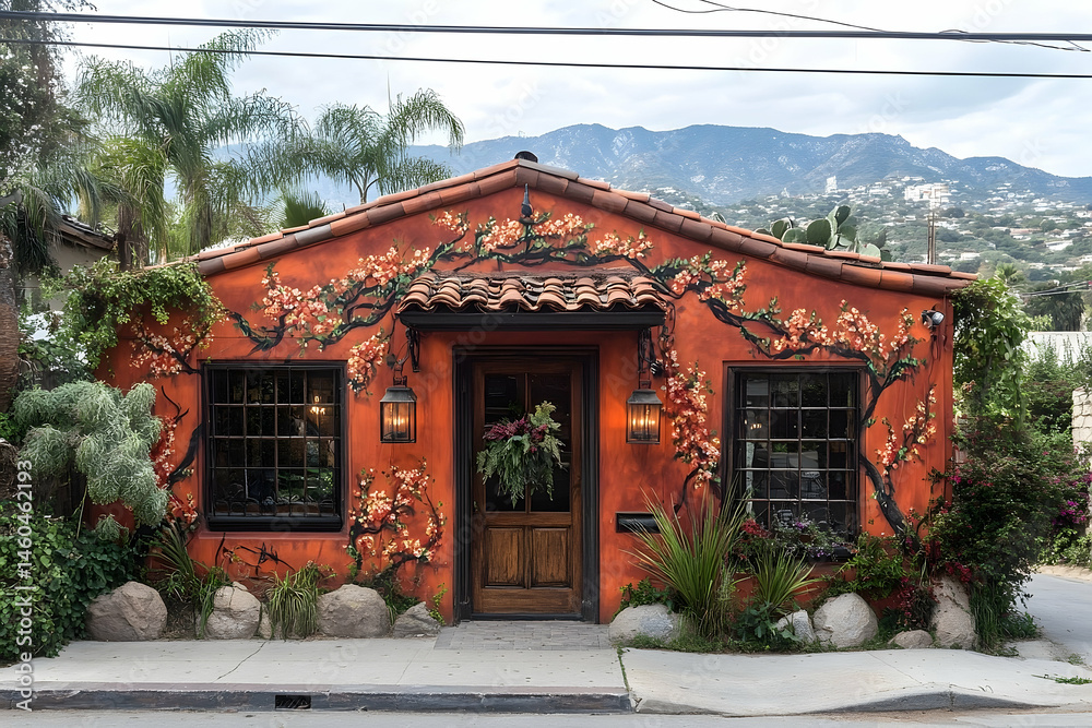 Fototapeta premium Orange building with floral wall art daytime exterior