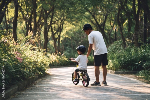 Father guiding his child on a bicycle, creating memorable moments of growth