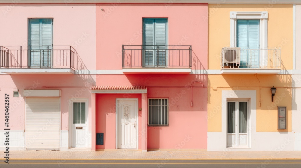 Obraz premium Pastel facade with simple details, a clean urban backdrop. Minimalist charm in soft daylight.