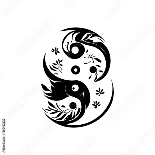 Symmetrical botanical yin yang illustration evoking balance and nature themed design