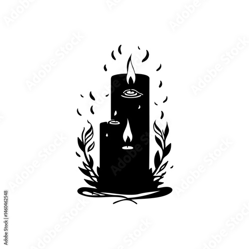 Monochrome occult illustration of burning candles adorned with mystic symbolism