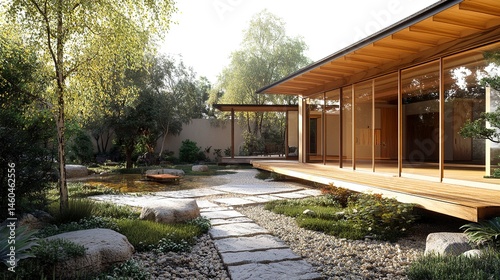 A detached one-story Japanese house with an open layout, its wooden framework and clean architecture blending seamlessly with a small outdoor garden and stone pathway