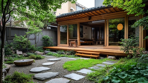 A detached one-story Japanese house with an open layout, its wooden framework and clean architecture blending seamlessly with a small outdoor garden and stone pathway 