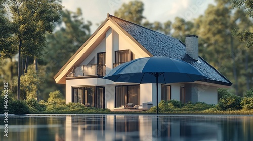A detailed 3D model of a house with clean lines and a pitched roof, positioned under a large blue umbrella, symbolizing renters home insurance and mortgage protection 