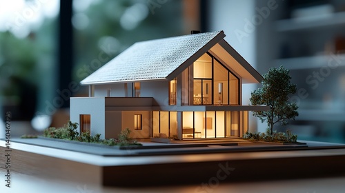 A detailed model of a house with a pitched roof and clean design, placed on a wooden table with soft lighting, symbolizing the concept of a dream home plan 