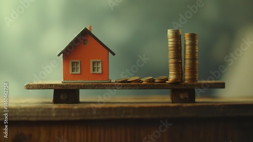 A detailed scale with a miniature house on one side and a column of coins on the other, illustrating the delicate balance of investment and property value, set in a minimalist scene 