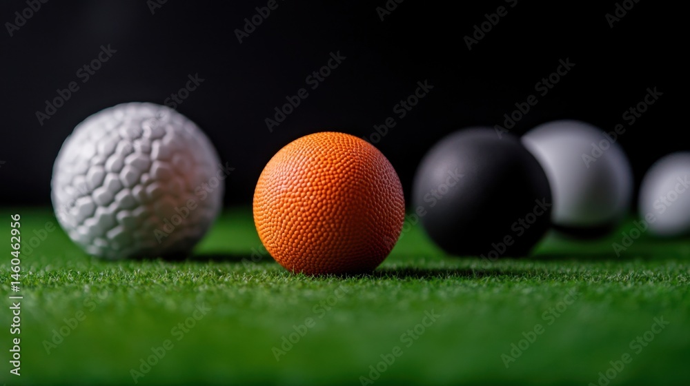 Obraz premium Top-down view of various sports balls on turf with dramatic lighting and black background