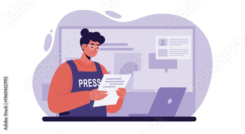 Journalist reading news article in office with laptop and press vest vector illustration 