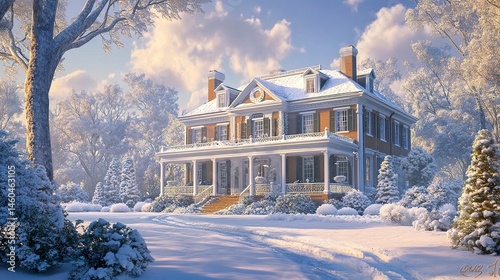 A grand colonial house with snow-covered side porches, surrounded by snowy trees and a frosty yard, showcasing the beauty of classic architecture in a winter setting 