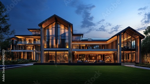 A grand luxury house with expansive windows and a unique design, its exterior glowing warmly at dusk, framed by a sprawling green lawn that enhances its appeal 