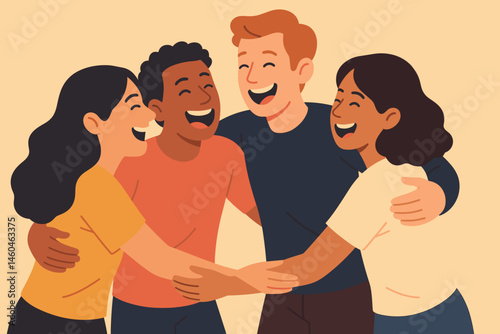 Joyful Friends Embracing Each Other Against a Warm Background  