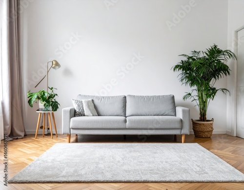 Modern Scandinavian home interior design characterized by an elegant living room featuring a ()