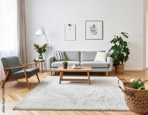 Modern Scandinavian home interior design characterized by an elegant living room featuring a ()