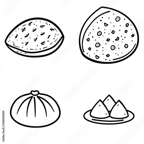 Food Doodles, Asian Dumplings Outline on Transparent Background, Simple Culinary Art