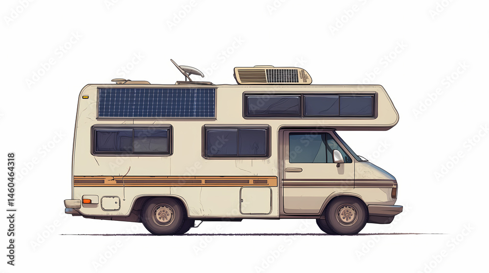 Naklejka premium Rv solar panel installation. caravan roof repair isolated with white highlights, png. [Solar Nomads] | Heatwave Brutalism | cracked shelter. Illustration