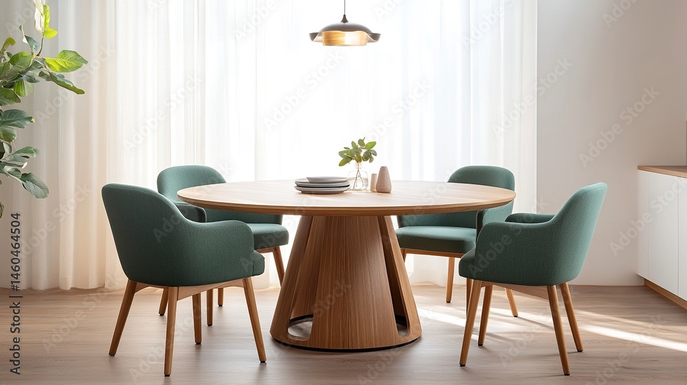 A modern dining area with a round wooden table paired with mint-green chairs, set in a Scandinavian interior highlighted by white walls, light wood flooring, and warm, natural lighting A modern dining area with a round wooden table paired with mint-green chairs, set in a Scandinavian interior highlighted by white walls, light wood flooring, and warm, natural lighting
