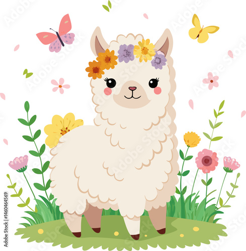 a colorful cartoon illustration of a cute llama wearing a flower crown, standing in a field of flowers with butterflies and falling petals.