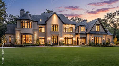 A modern luxury home with a striking facade, illuminated softly as dusk settles, its expansive lawn and landscaped grass adding to its grandeur and sophistication 