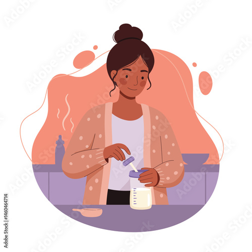 Young woman preparing baby bottle with formula in cozy kitchen setting vector illustration 