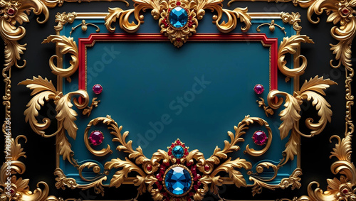 A richly detailed, symmetrical vintage baroque frame with a central blank parchment area for text, surrounded by intricate, swirling floral ornamentation.