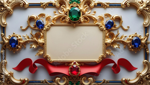A richly detailed, symmetrical vintage baroque frame with a central blank parchment area for text, surrounded by intricate, swirling floral ornamentation.