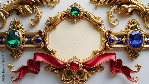 A richly detailed, symmetrical vintage baroque frame with a central blank parchment area for text, surrounded by intricate, swirling floral ornamentation.