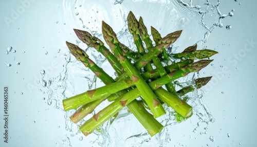 Overhead View of Asparagus Spears Falling with Water Splash 