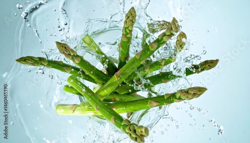 Overhead View of Asparagus Spears Falling with Water Splash 