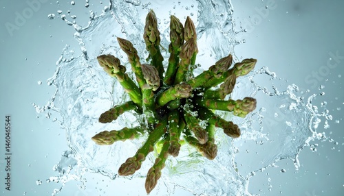 Overhead View of Asparagus Spears Falling with Water Splash 