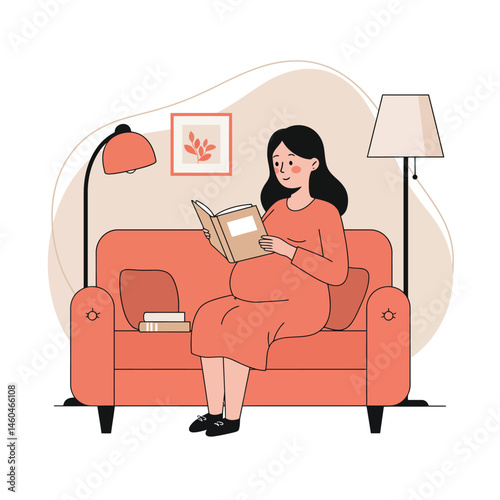Pregnant woman reading book on orange sofa with lamp and framed art in cozy living room interior vector illustration 