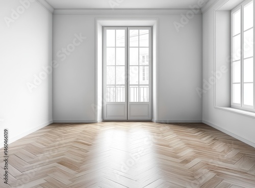 Wallpaper Mural Empty Living Room Interior with Wooden Parquet Flooring, White Walls, and Balcony Door – Minimalist Space with Natural Light in Modern Apartment Torontodigital.ca