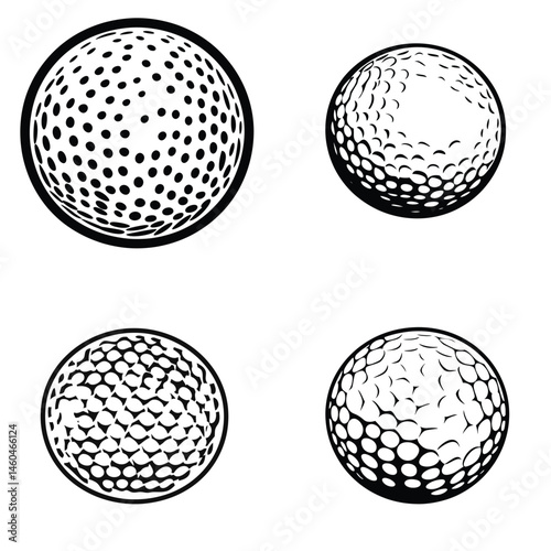 Four Black & White Golf Balls with Dimples, Circle Pattern Isolated Design