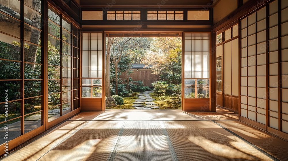 Obraz premium A simple, elegant Japanese one-story house with shoji-style sliding doors, a compact veranda, and a tranquil Zen garden, embodying a minimalist and harmonious lifestyle 