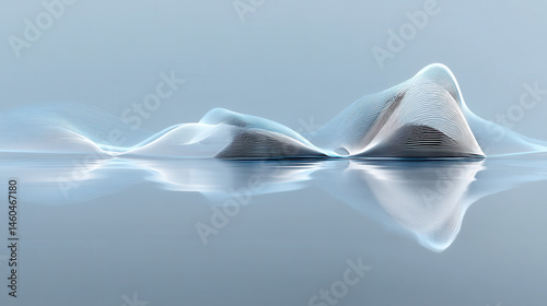 3D render of white sound waves on a light blue background, with reflection and smooth curves