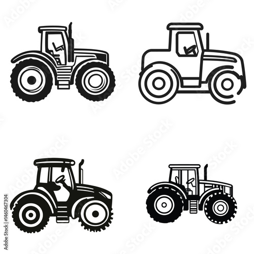 Four Black Tractor Silhouettes on White Background Agricultural Vehicle Icons
