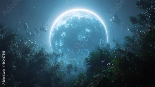 Enormous luminous planet looming above dense alien forest strange creatures moving in the underbrush cinematic alien world