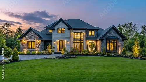 A sophisticated luxury house with a striking modern design, glowing against the dusky backdrop, surrounded by a perfectly manicured lawn that adds to its prestige 